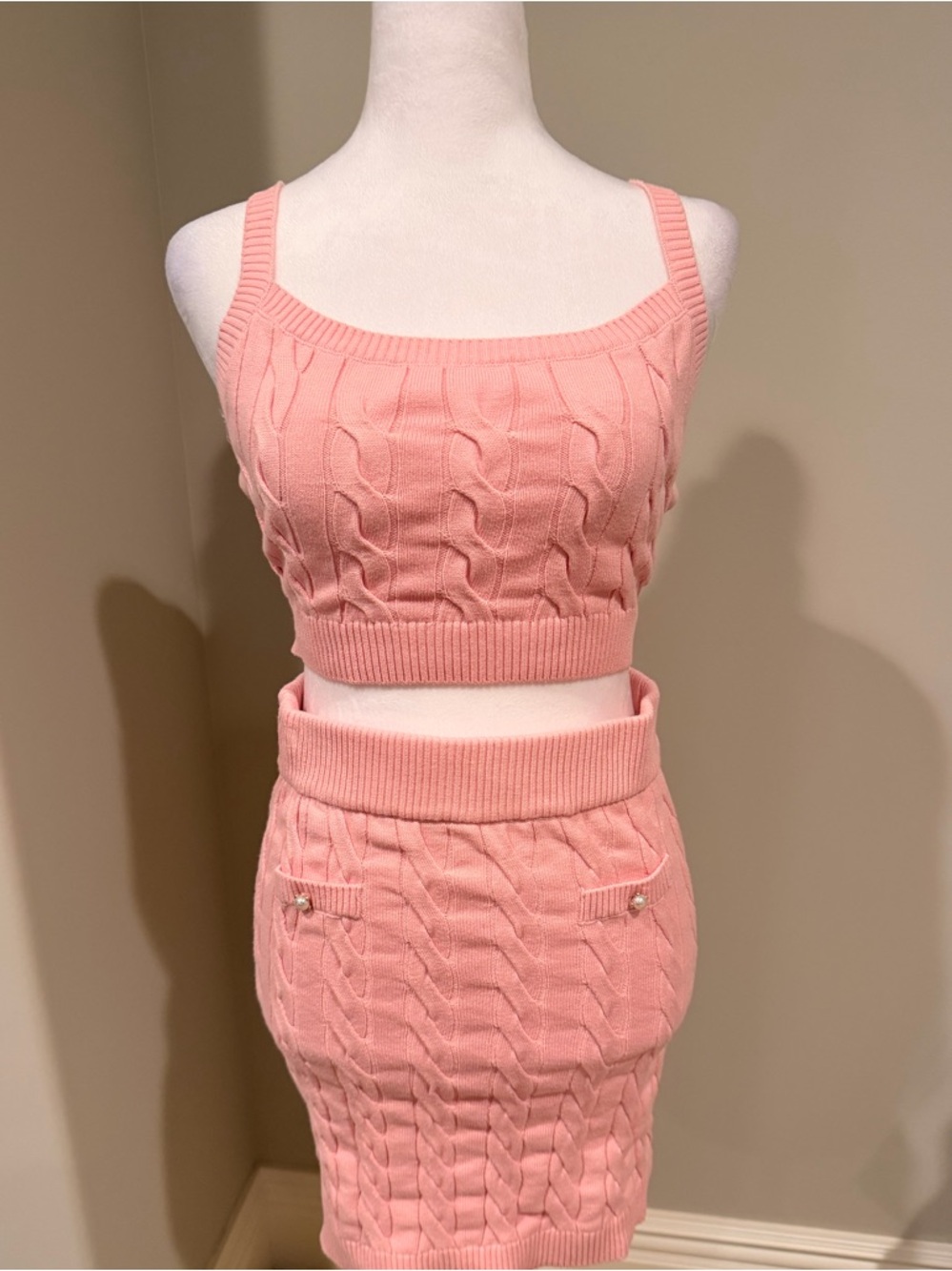 Minnie Rose Pink Cable-Knit Pencil Skirt With Matching Crop Top Size S